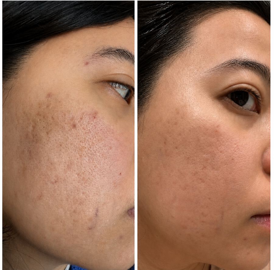 Acne scar revision before and after on the cheek